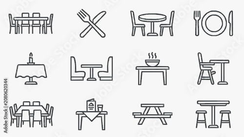 Sleek Minimalist Black and White Line Icons Set of Dining and Picnic Furniture and Utensils for Modern Design Projects