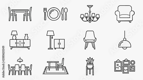 Clean Minimalist Black and White Line Icons Set of Home and Dining Furniture Essentials with high quality professional line art symbols for modern creative design and digital branding projects