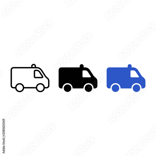 Ambulance Icon Set Line Art Silhouette And Solid Blue Versions