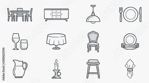 Minimalist Black and White Line Drawing Icons Set of Dining and Home Decor Essentials with high quality professional line art symbols for modern creative design and digital branding projects