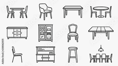 Clean Minimalist Black and White Line Drawing Set of Various Furniture and Home Decor Items with high quality professional line art symbols for modern creative design and digital branding projects