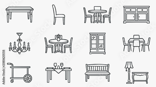 Elegant Minimalist Black and White Line Drawing Set of Classic Furniture and Decor Icons for Home Design