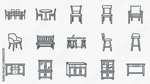 Corporate Minimalist Line Drawing Collection of Modern Furniture and Tables in Monochrome with high quality professional line art symbols for modern creative design and digital branding projects