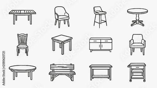 Clean Black and White Line Drawing Set of Various Furniture Pieces Including Tables Chairs and Cabinets
