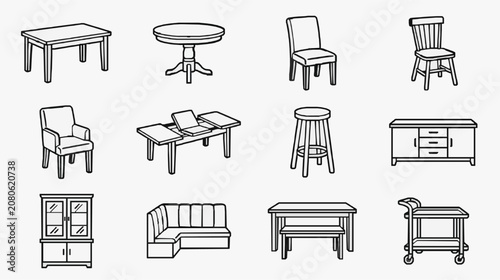 Professional Line Drawing Set of Minimalist Monochrome Furniture Icons for Designers and Developers