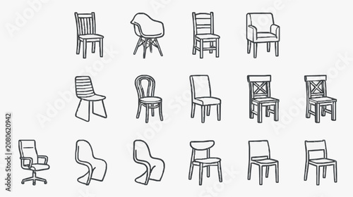 Modern Black and White Line Drawing Illustrations of Various Unique Chair Designs and Styles with high quality professional line art symbols for modern creative design and digital branding projects