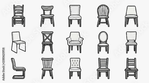 Dynamic Collection of 15 Distinct Sketch Style Chairs in Monochrome and Light Gray Tones with high quality professional line art symbols for modern creative design and digital branding projects