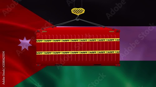 Jordanian Container Flag Import/Export: A red cargo container, marked with yellow TARIFF tape, is lifted by a crane against the backdrop of the Jordanian flag.