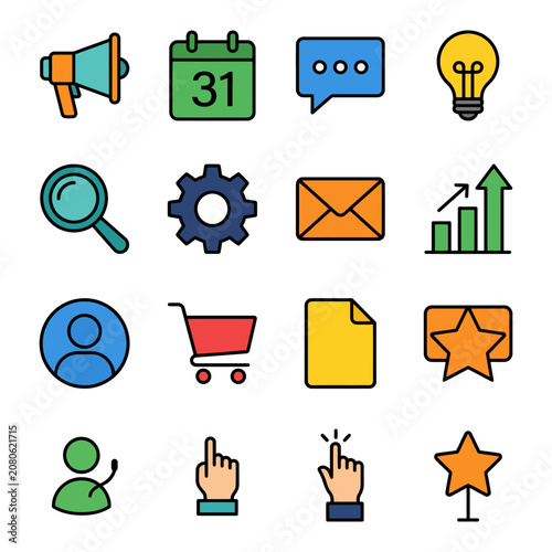 Collection Of Flat Vector Icons Representing Communication And Business Concepts