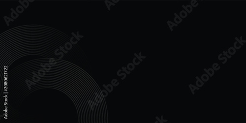 Black abstract background with circle lines. Modern black gray gradient rings. Suitable for banner, cover, poster, website, presentation, brochure, flyer, header