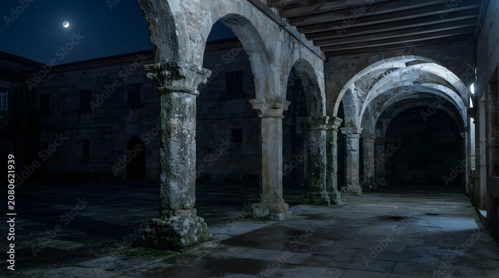 Obraz premium Ancient Stone Arches Under a Moonlit Sky Create a Moody and Mysterious Courtyard Ambiance