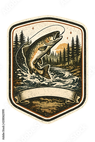Vintage style fishing badge illustration with jumping trout and pine forest scenic background outdoors illustration adventure mountains wilderness fishinggear outfitter