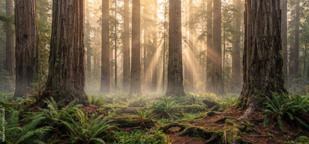 Obraz premium Redwood forest with sunbeams filtering through tall ancient trees and lush green ferns on the forest floor