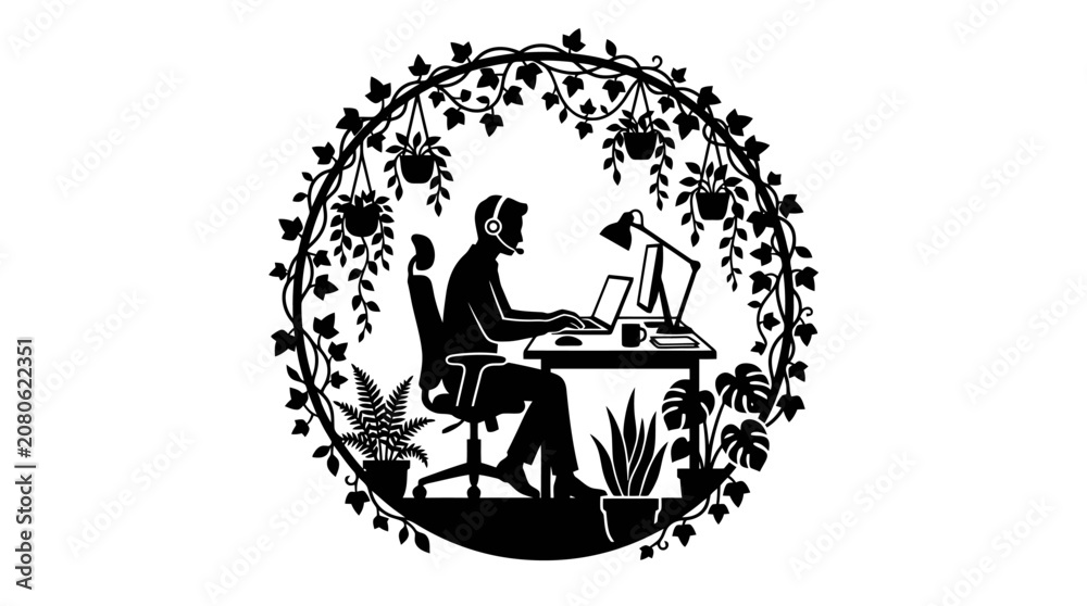 Fototapeta premium Man working on computer surrounded by plants.