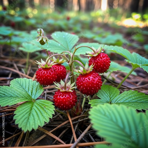 Ripe Red Wild Strawberries Growing on Forest Floor