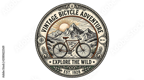Vintage bicycle adventure badge illustration with mountains landscape and retro typography adventure mountains landscape outdoors exploration illustration mountain wilderness cyclinglife