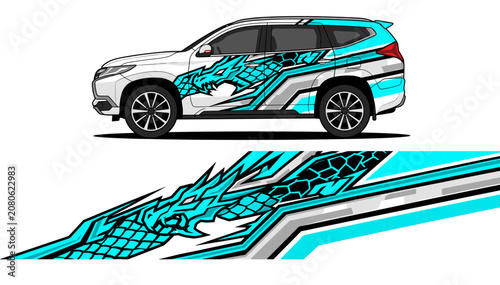 White SUV with blue dragon vinyl wrap decal.