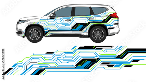 Blue digital tech circuitry car wrap on SUV