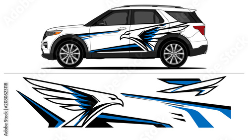 Blue eagle wing bird graphic car wrap design.