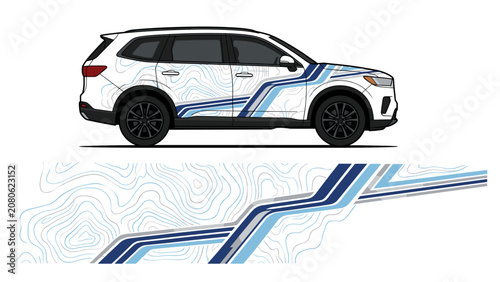 Blue topographic line art vehicle wrap design.