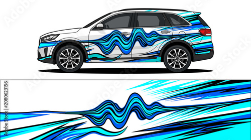 Blue wavy liquid flow SUV car wrap graphic.