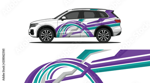 Circular purple and blue line art car decal.
