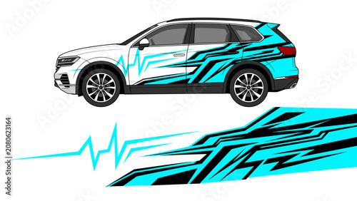 Cyan jagged pulse line car vinyl wrap design