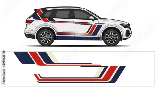 Classic navy and red sport stripe car wrap.
