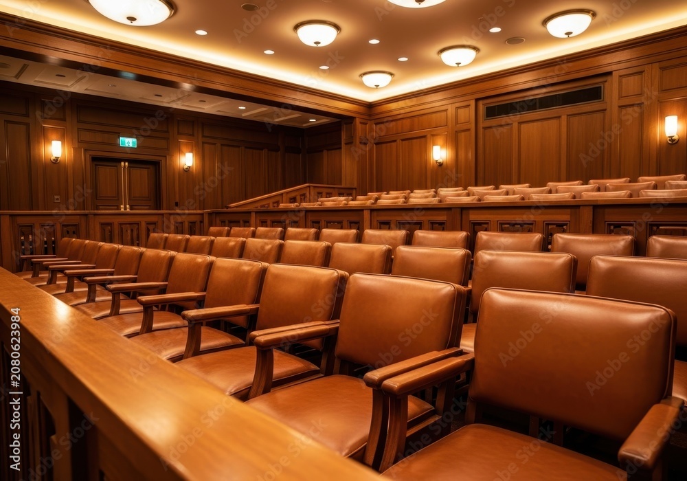 Fototapeta premium Empty courtroom with rows of wooden chairs and leather seats in a traditional legal setting