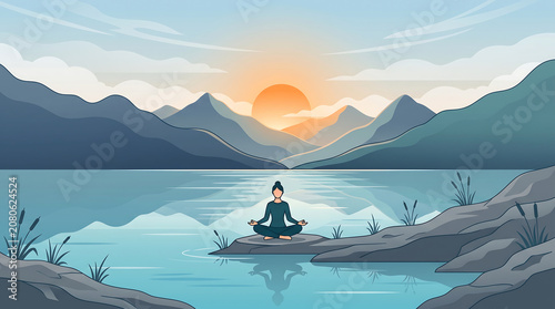 Person meditating on lake shore at sunset amidst mountain landscape with meditation mountains serenity landscape tranquility mindfulness wellness reflection silhouette spiritual relaxation