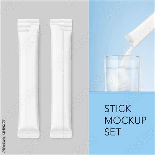 Stick package  mockup set. Can be use for food, cosmetic, medicine and etc. Flat lay view. 3D hight realistic vector illustration isolated on grey background. Scalable without lose quality. EPS10.