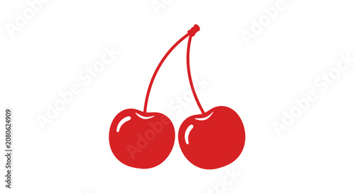 Two Red Cherries with Stems Attached.