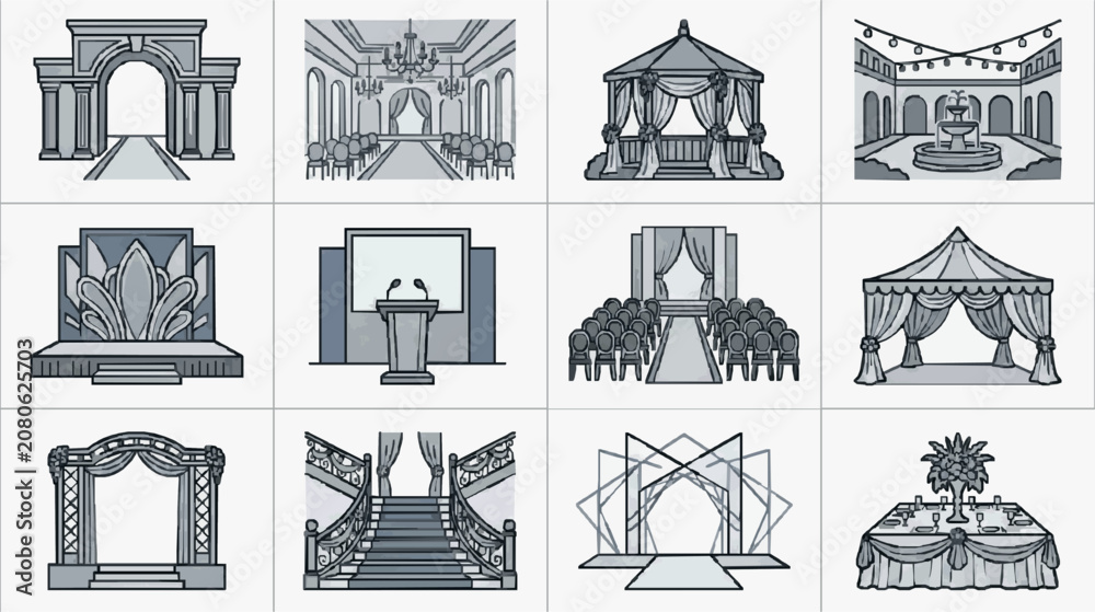 Obraz premium Sleek Monochromatic Illustrations of Elegant Wedding and Event Venues with Architectural Details