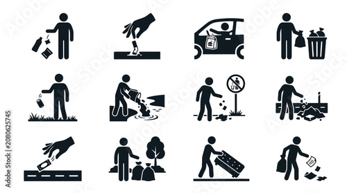 Black silhouette icons depicting various littering actions and waste disposal.