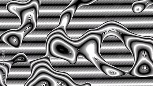 This video features a smooth, looping animation of monochrome wavy lines and three-dimensional organic shapes. High-contrast black and