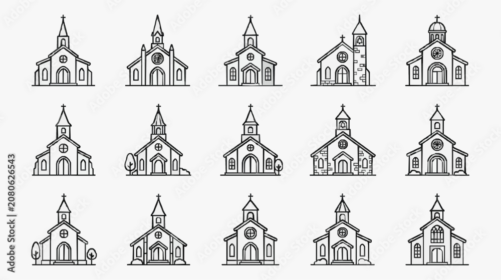 Fototapeta premium Clean Minimalist Black and White Line Drawing Set of 15 Unique Church Building Icons with Crosses and Steeples