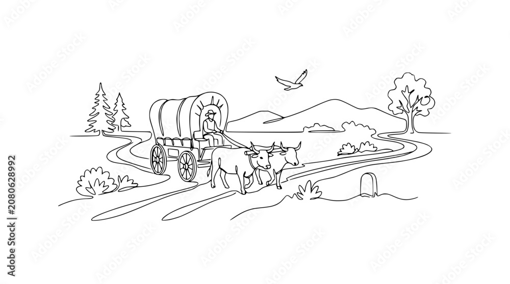 Fototapeta premium Ox-drawn covered wagon traveling on a dusty road through scenic countryside with mountains