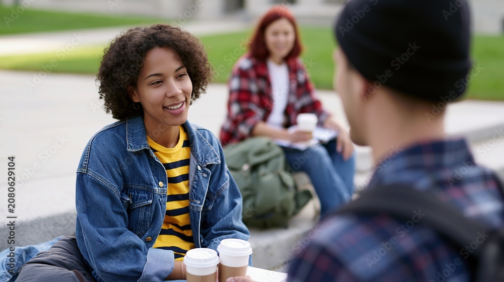 Obraz premium Students chatting outdoors on campus with coffee cups
