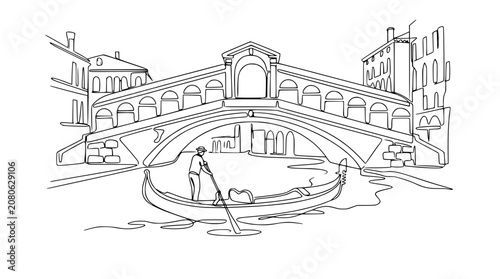 Venice Rialto Bridge and Gondola - Minimalist Line Art Drawing