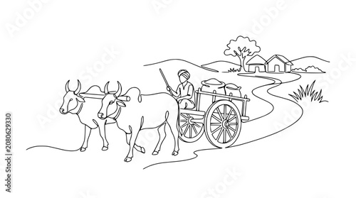Obraz na płótnie Rural Scene: Farmer Driving Ox Cart Laden with Goods through Village Path