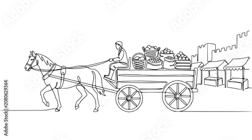 Canvastavla Horse-drawn cart with farmer and produce, medieval market scene, line art