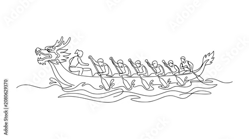 Fotografía Dragon Boat Race Line Art: Team Paddling in Synchronized Motion