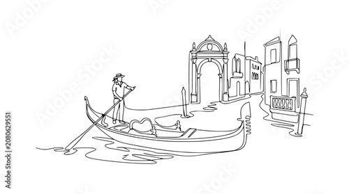 Venice Canal Drawing: Gondola, Gondolier, Archway and Buildings, Simple Line Art