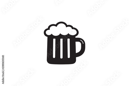 Black silhouette icon of beer mug with frothy foam head for pub restaurant menu design.