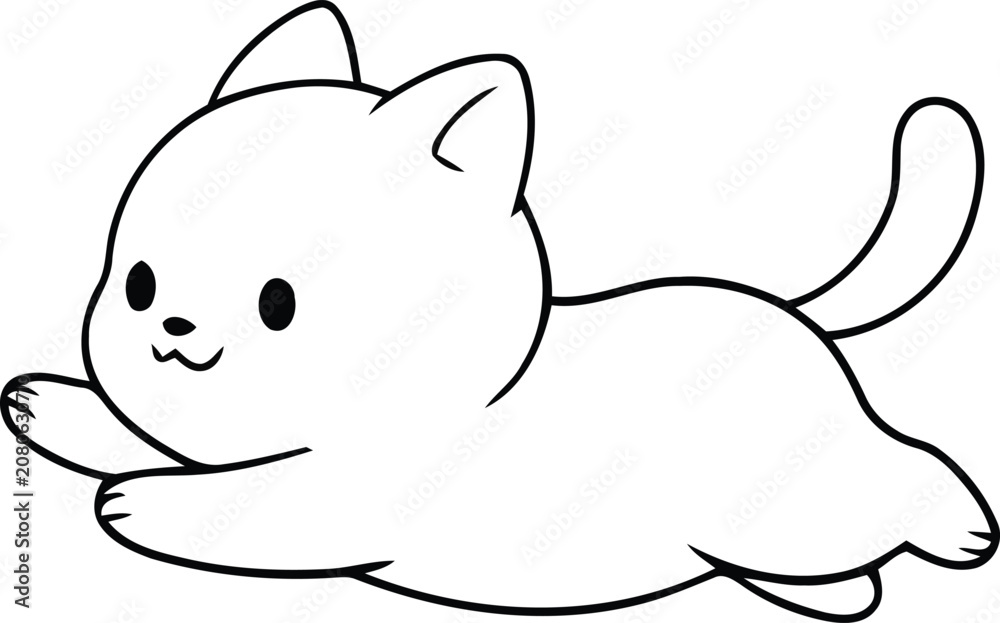 Fototapeta premium Adorable cartoon cat pouncing line art drawing isolated on white background with pouncing