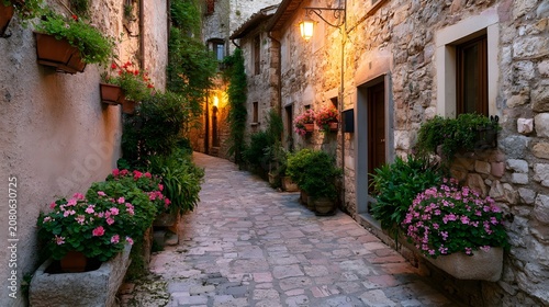 A narrow cobblestone alley adorned with potted flowers and warm lanterns creates a charming historic street scene