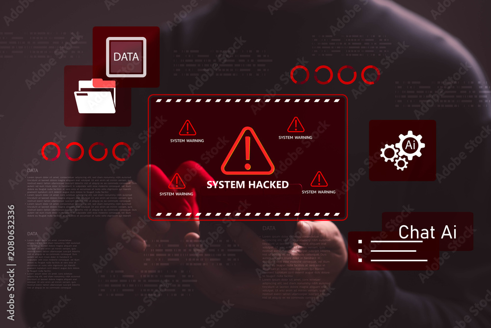 Obraz premium Hand holding smartphone with system hacked warning alert, cyber attack, data breach, AI security risk, network intrusion, digital threat, information breach and cybersecurity protection concept