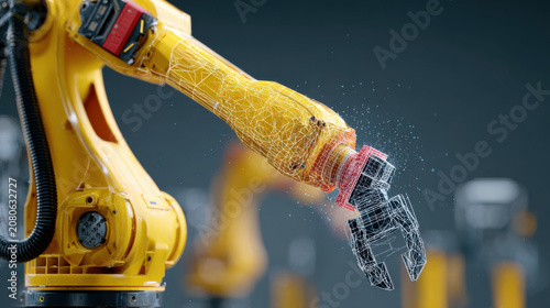 Industrial robotic arm with digital twin technology visualization showing advanced automation and digital innovation