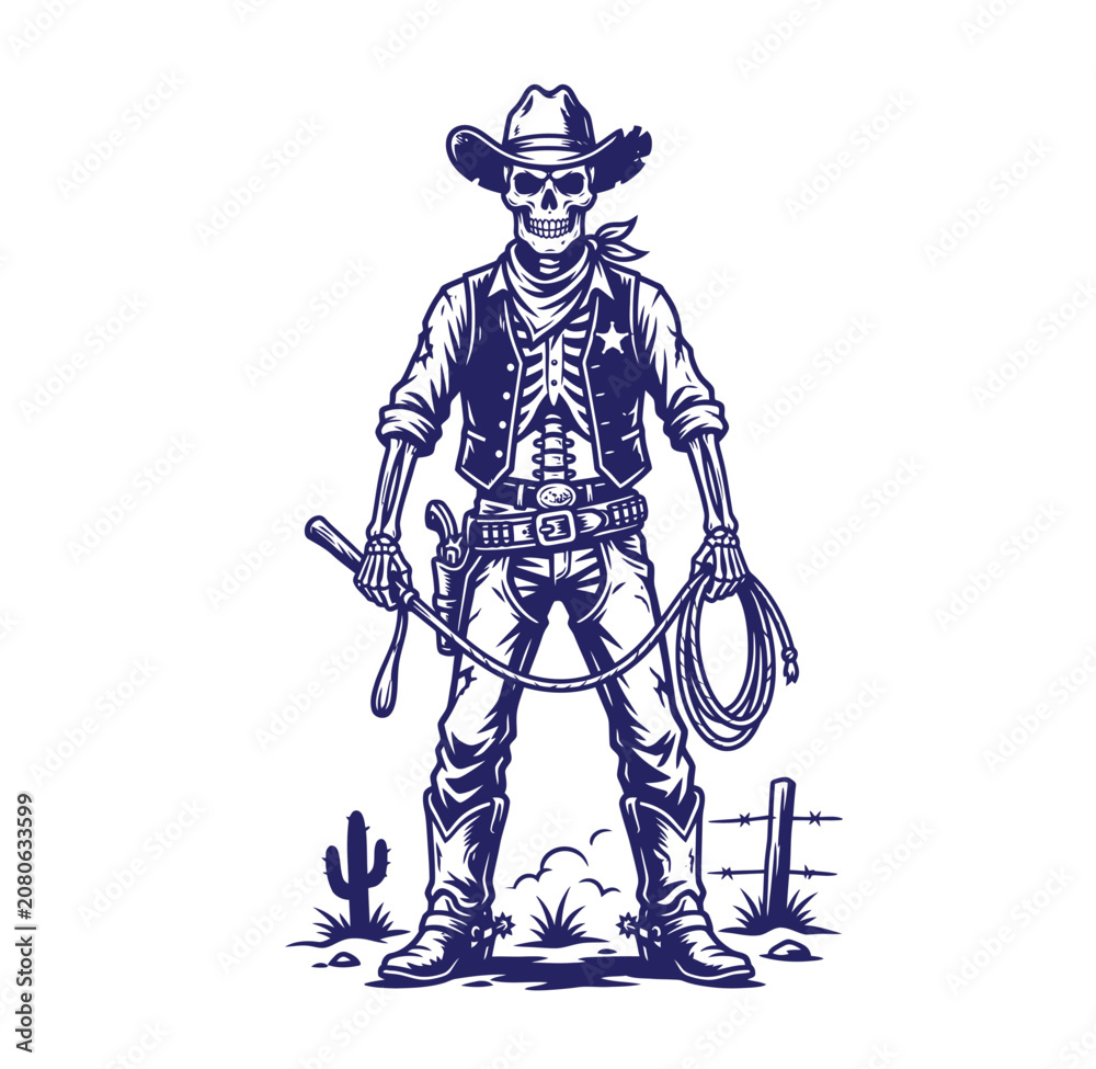 Fototapeta premium Graphic illustration of a skeletal sheriff with a whip and lasso skeleton character illustration monochrome frontier adventure folklore