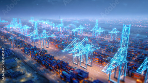 Digital twin technology visualizes futuristic port with glowing cranes and containers creating innovative industrial scene